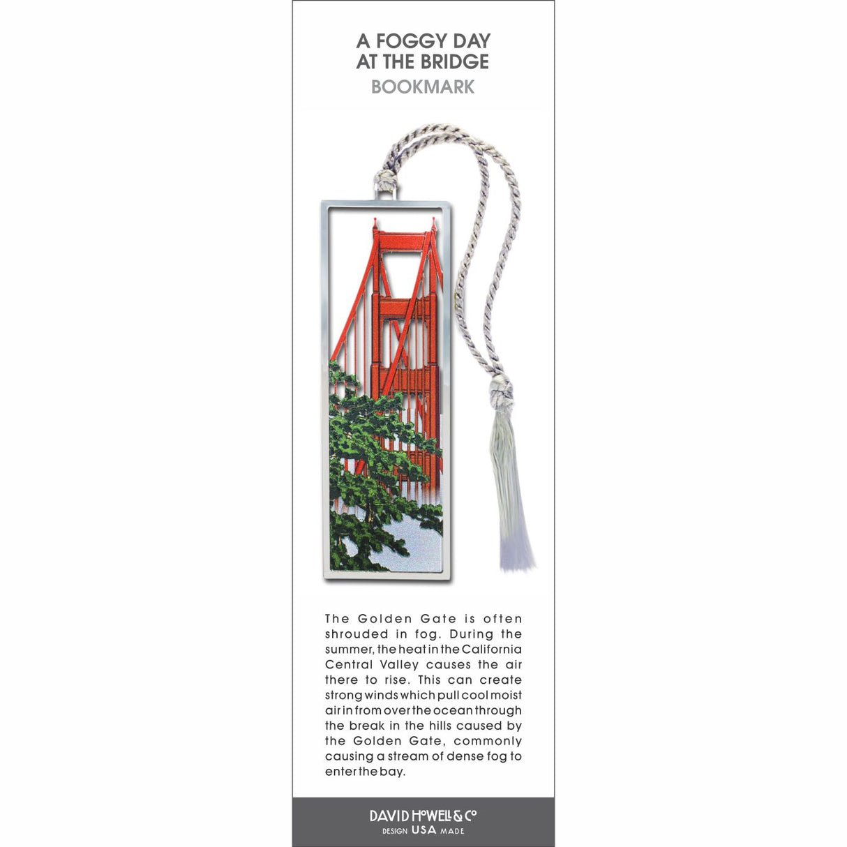 A Foggy Day at the Bridge’ bookmark featuring the Golden Gate Suspension Bridge with greenery and a gray tassel.