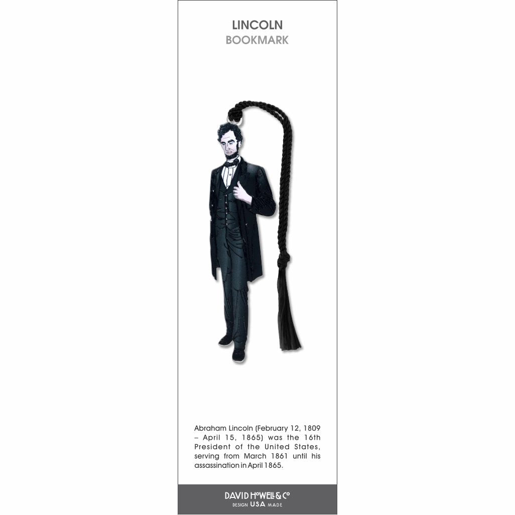 Lincoln’ bookmark featuring Abraham Lincoln in a black suit and bow tie with a black tassel.
