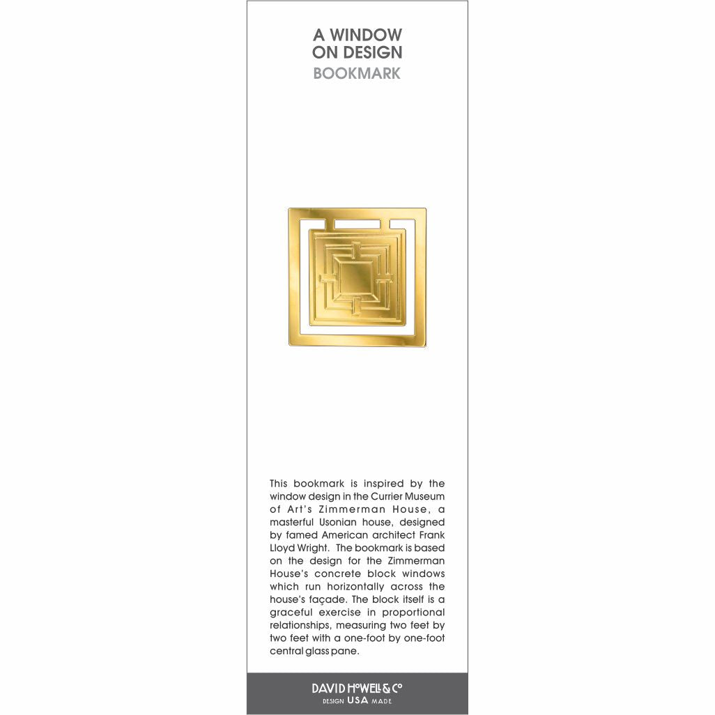 Gold geometric window design bookmark with layered square pattern inspired by Frank Lloyd Wright architecture.