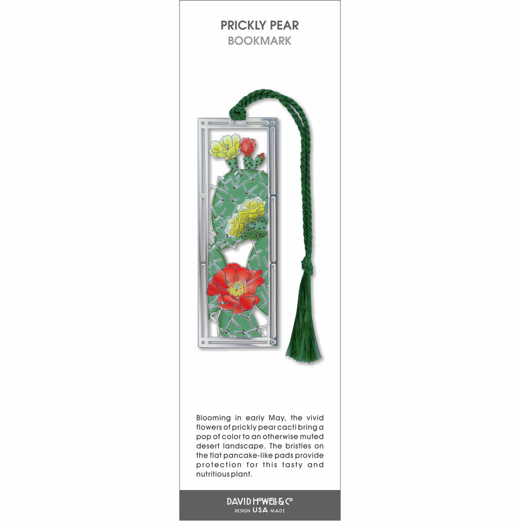 Prickly pear cactus bookmark with green pads, yellow and red flowers, silver frame, and green tassel.