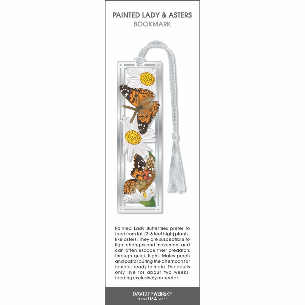 Painted Lady & Asters bookmark featuring orange butterflies on white aster flowers, silver frame, and white tassel.