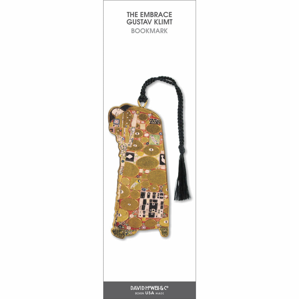 The Embrace Gustav Klimt bookmark featuring a gold-toned couple design with intricate patterns and black tassel.