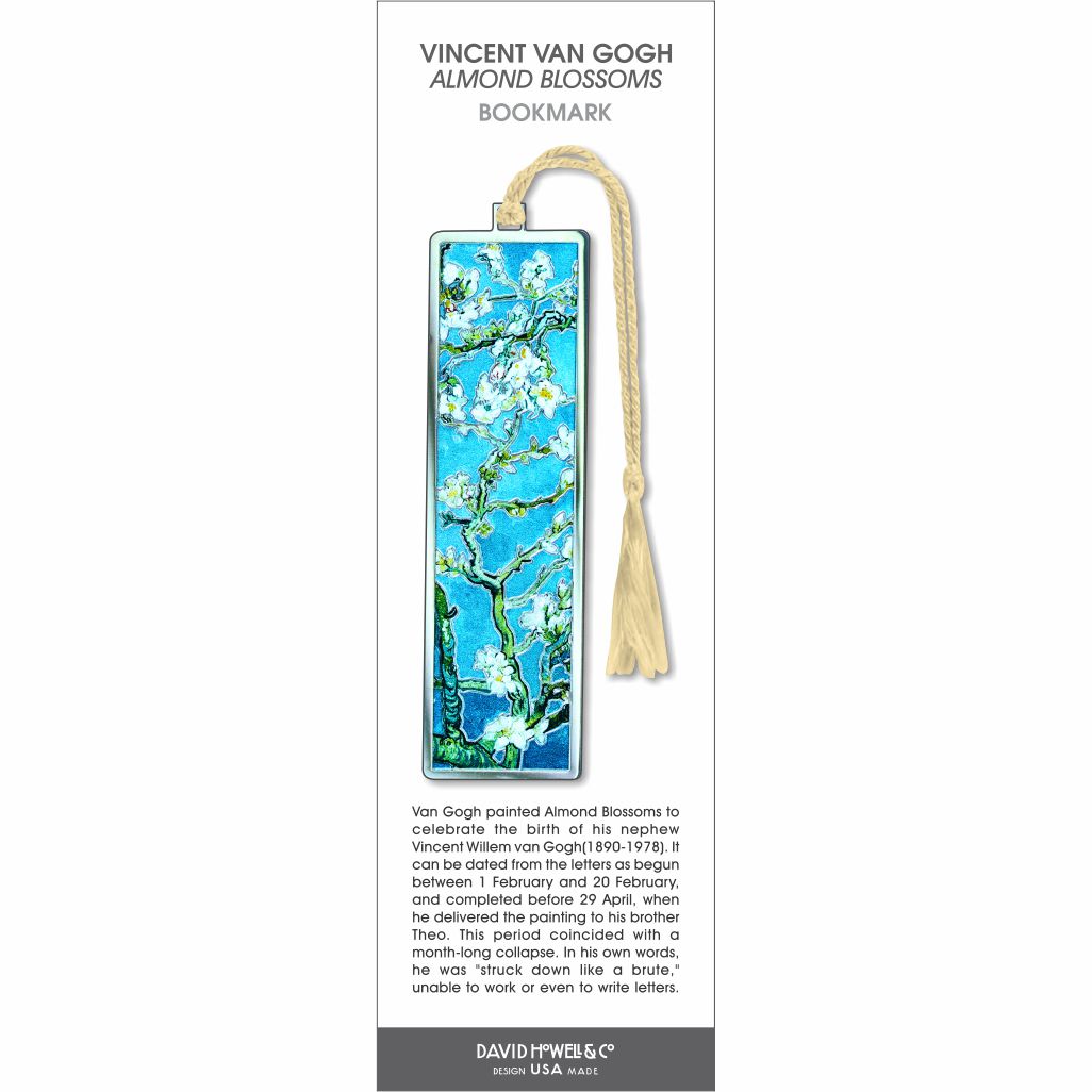 Vincent van Gogh Almond Blossoms bookmark featuring blue background with white blossoms on branches and cream tassel.