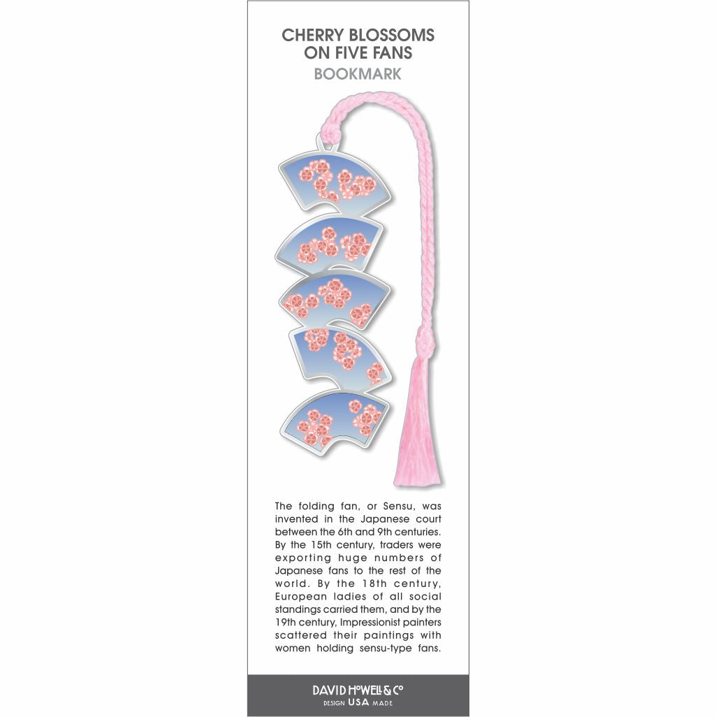 Cherry Blossoms on Five Fans bookmark featuring five blue folding fans with pink blossoms and a pink tassel.