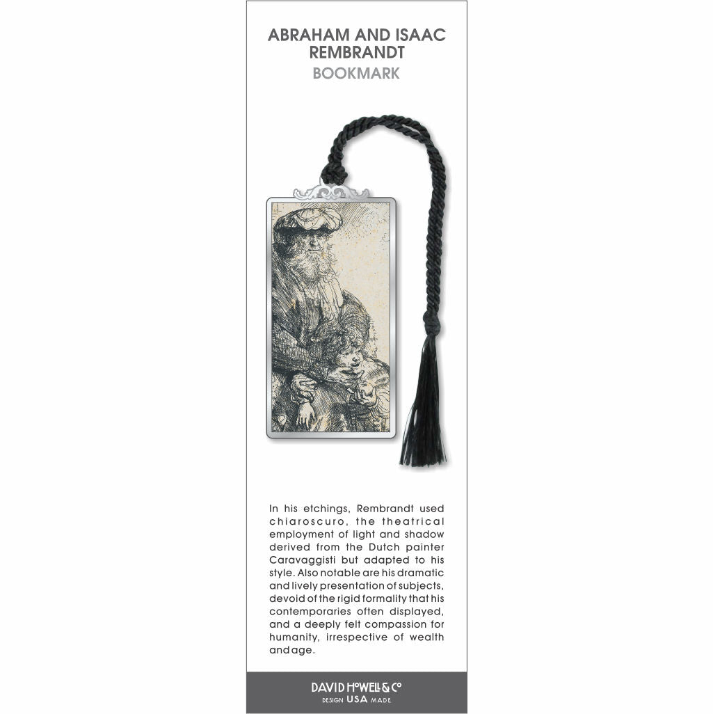 Abraham and Isaac Rembrandt bookmark with etched scene of bearded man and child, silver frame, and black tassel.
