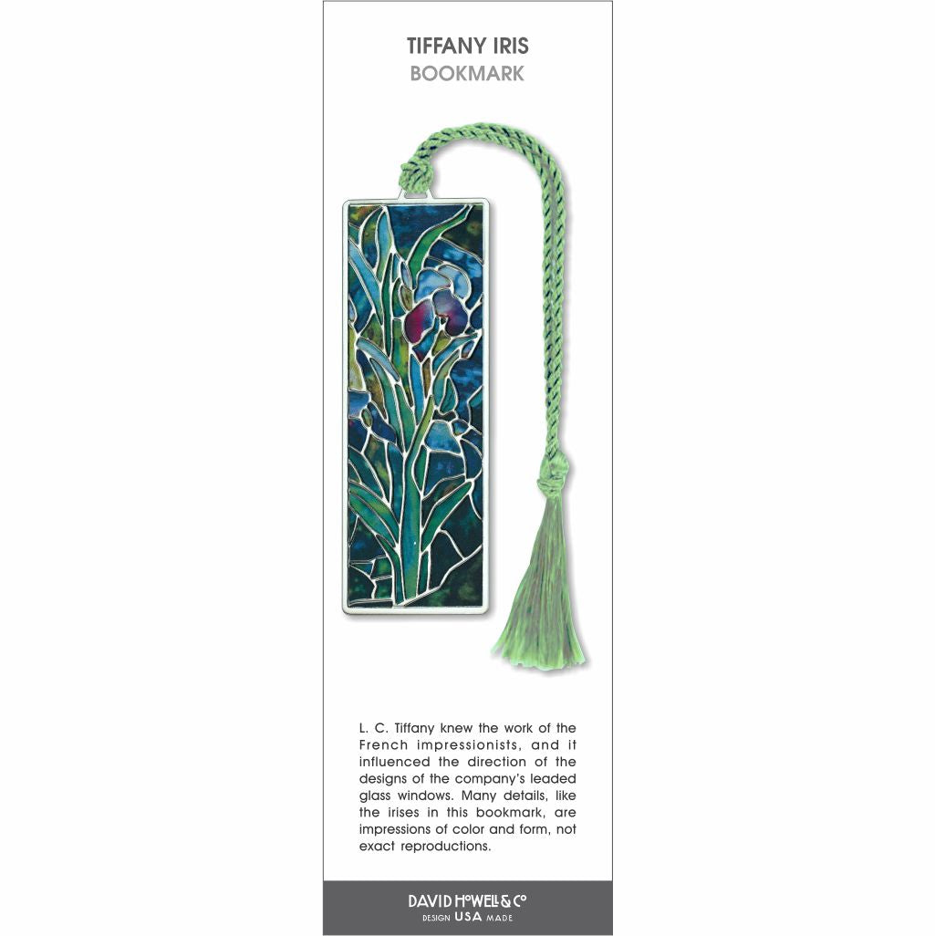 Tiffany Iris bookmark with stained-glass style iris in blue and green tones, silver frame, and green tassel.