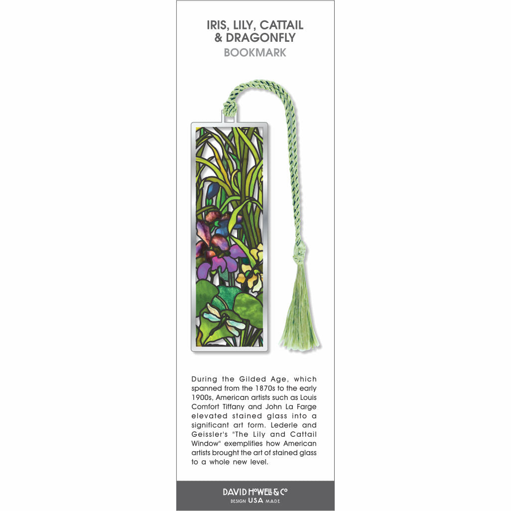 Iris, Lily, Cattail & Dragonfly bookmark, stained glass style with purple iris, green leaves, and dragonfly, green tassel