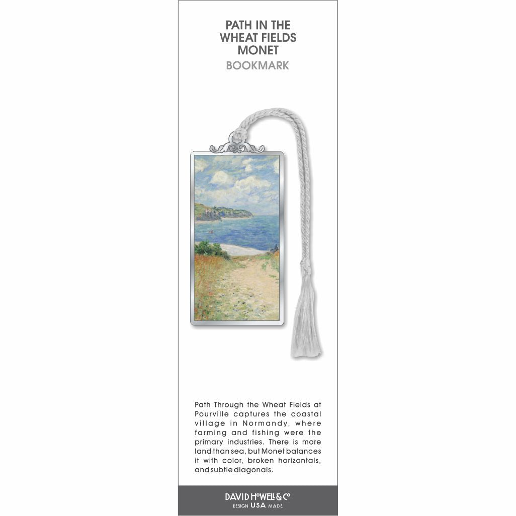 Path in the Wheat Fields Monet bookmark, coastal path through fields leading to sea, soft sky, silver frame, white tassel