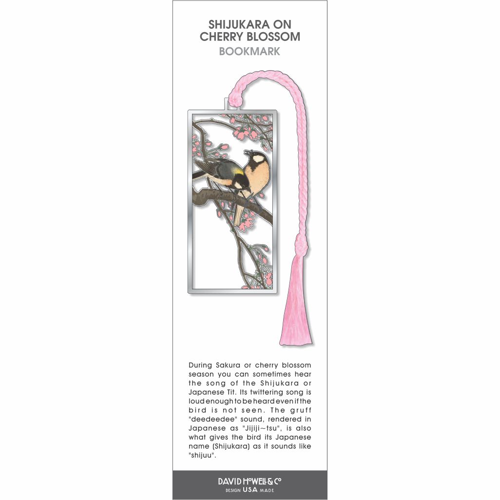 Shijukara on Cherry Blossom bookmark, small bird on branch with pink blossoms, soft tones and pink tassel.