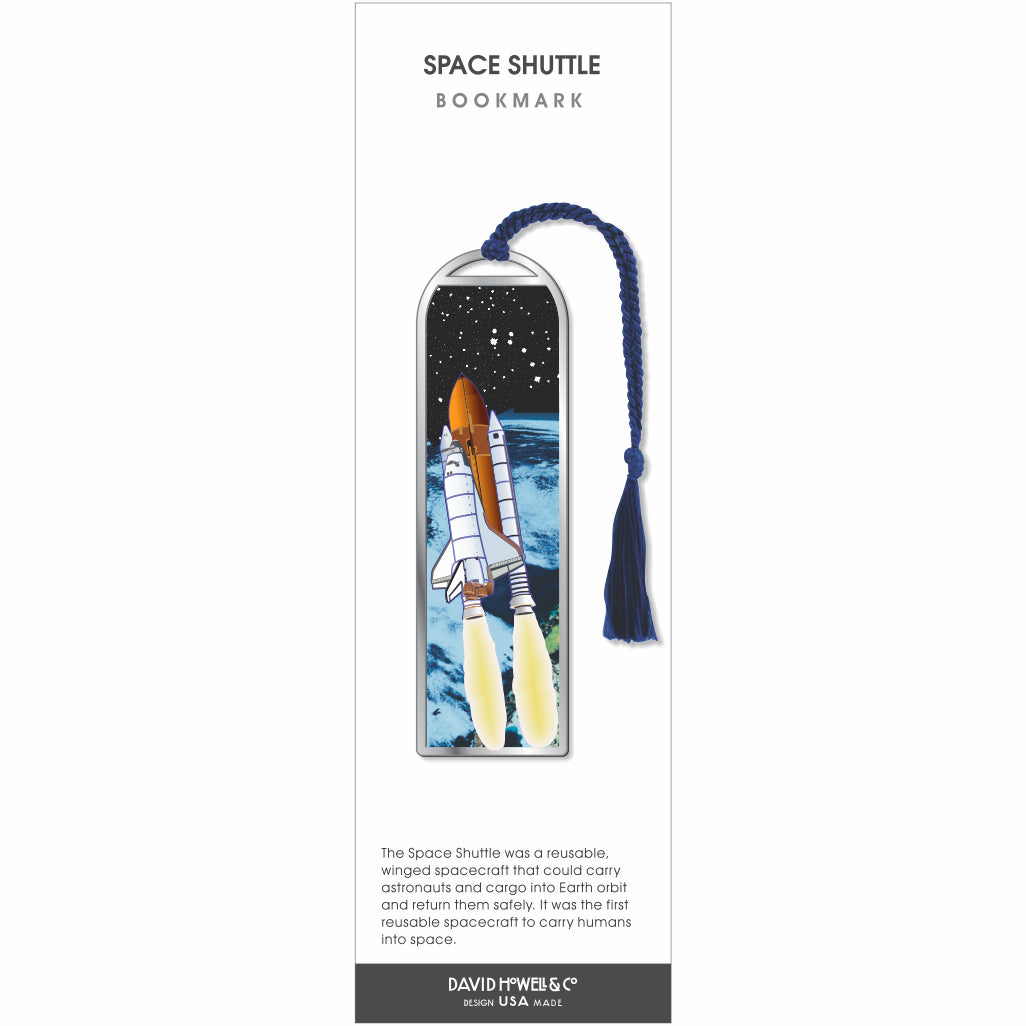 Space shuttle bookmark with tassel on a white background