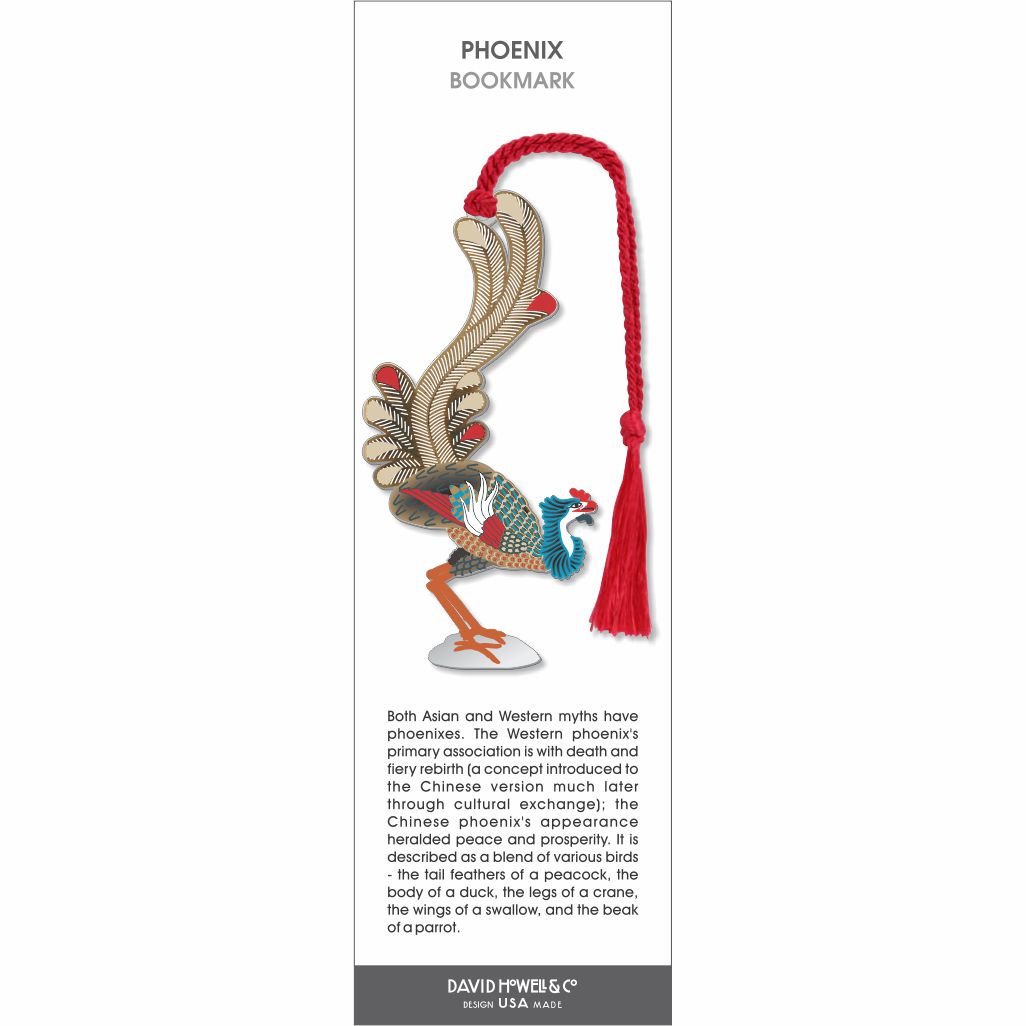 Phoenix bookmark featuring a detailed multicolored phoenix with gold-toned wings and a red tassel.
