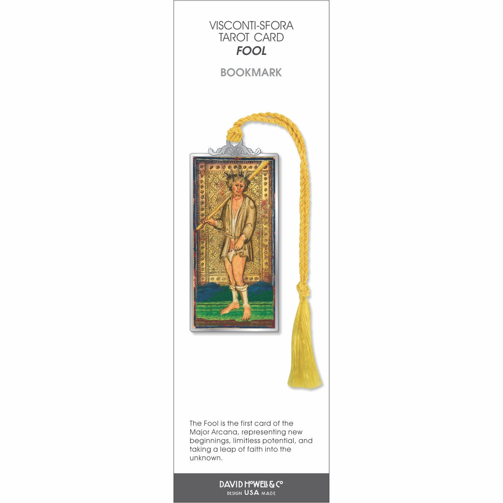 Visconti-Sforza Tarot Card Fool bookmark featuring a medieval-style Fool illustration framed in silver-tone metal with a yellow tassel.