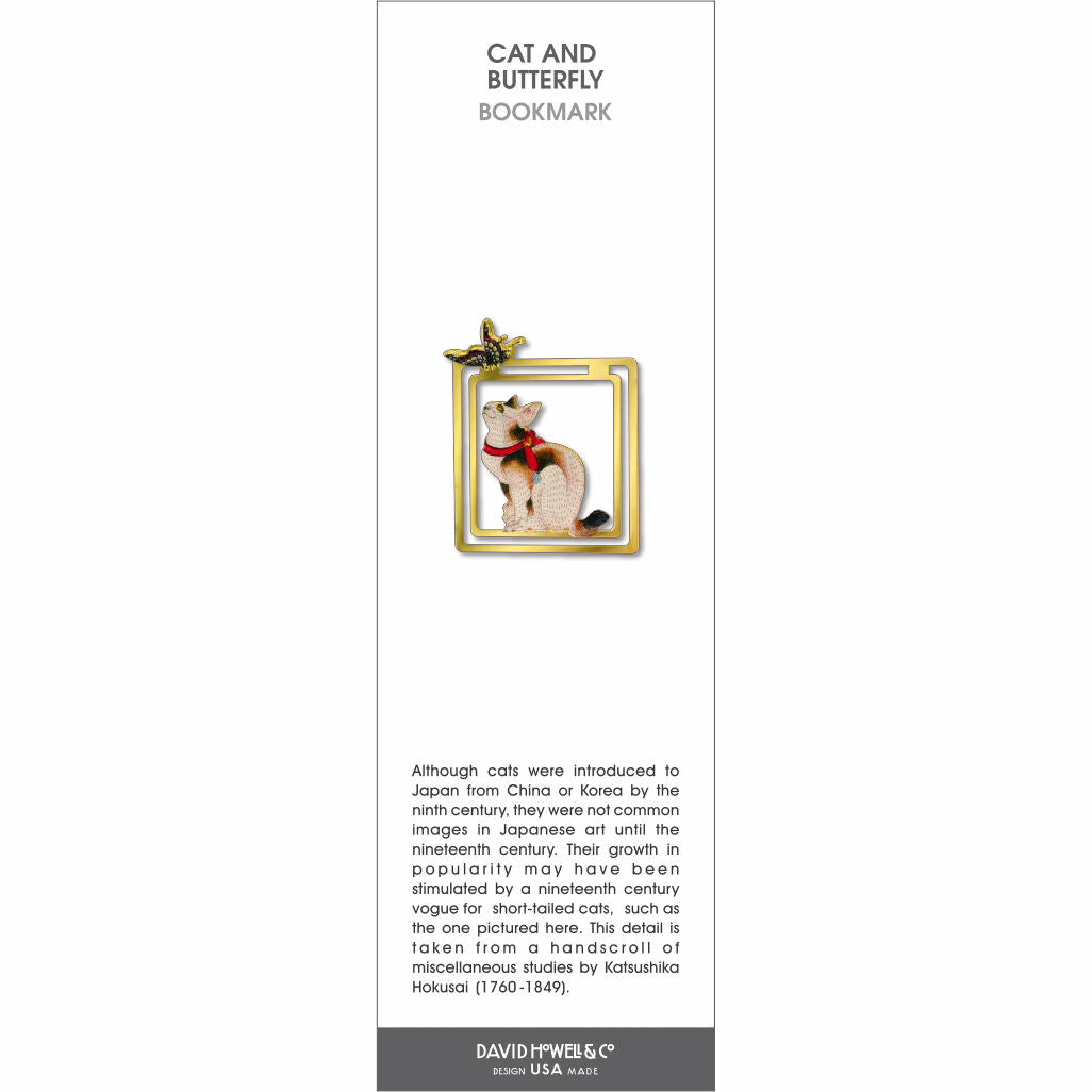 Cat and Butterfly’ bookmark featuring a seated cat with a red ribbon looking up at a butterfly in a gold frame.