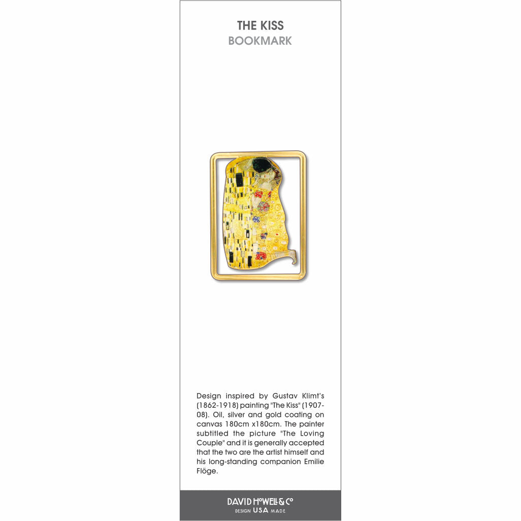The Kiss’ bookmark inspired by Klimt, showing a gold-patterned embracing couple within a square frame.