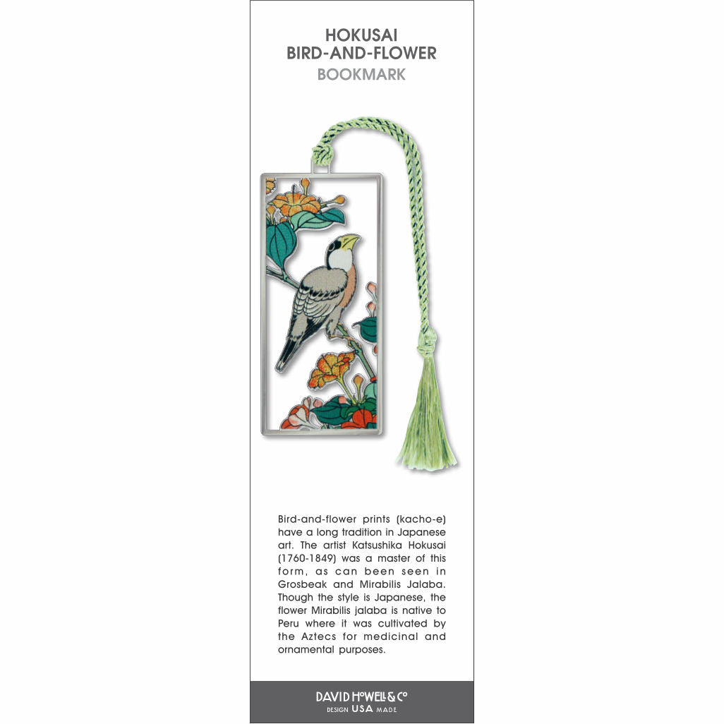 Hokusai Bird-and-Flower’ bookmark featuring a bird perched among colorful flowers, with a light green braided tassel.