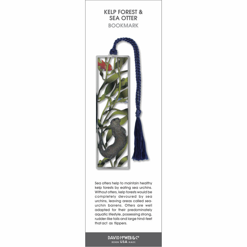 Kelp Forest & Sea Otter’ bookmark featuring an otter among kelp and fish, with a blue braided tassel.