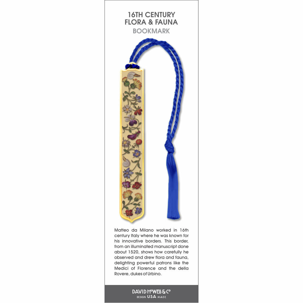 16th Century Flora & Fauna’ bookmark featuring detailed botanical illustrations, with a blue braided tassel.
