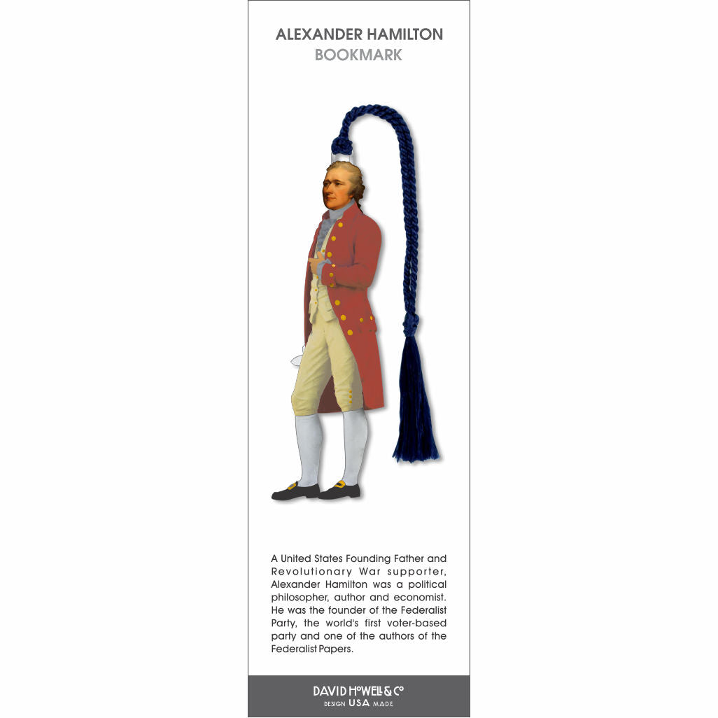 Alexander Hamilton bookmark featuring a historical illustration of the U.S. Founding Father, with a blue braided tassel.
