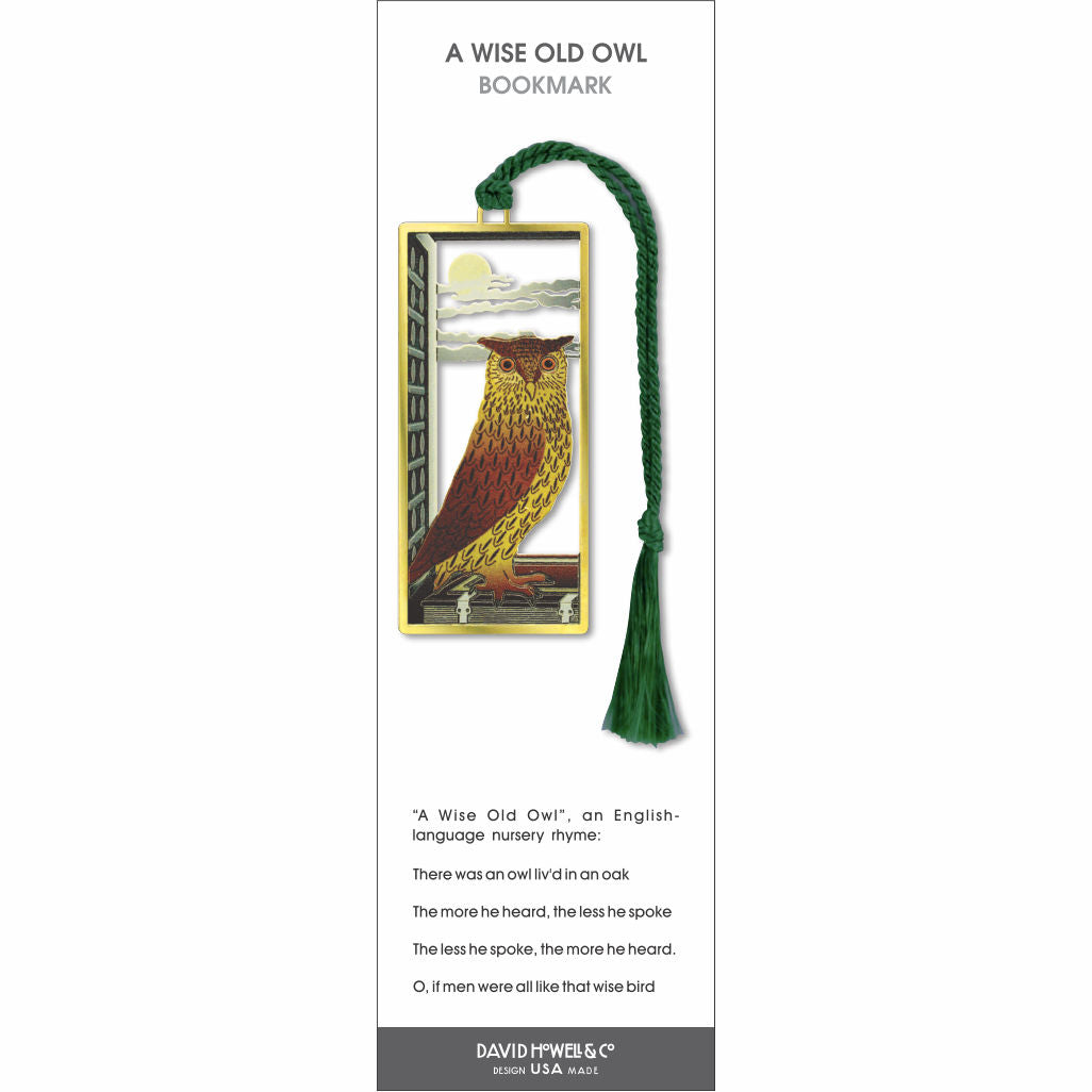 A Wise Old Owl’ bookmark featuring an owl illustration perched by a window scene, with a green braided tassel.