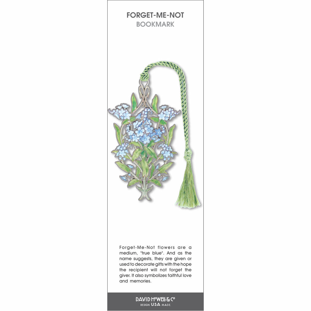 Forget-Me-Not’ bookmark featuring blue floral design with green leaves, with a light green braided tassel.