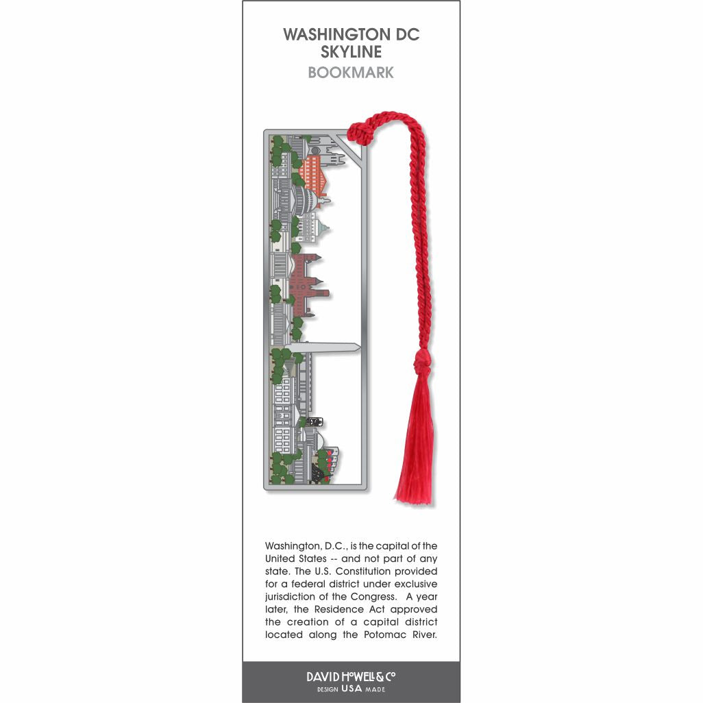 Washington DC Skyline’ bookmark featuring iconic city landmarks illustration, with a red braided tassel.