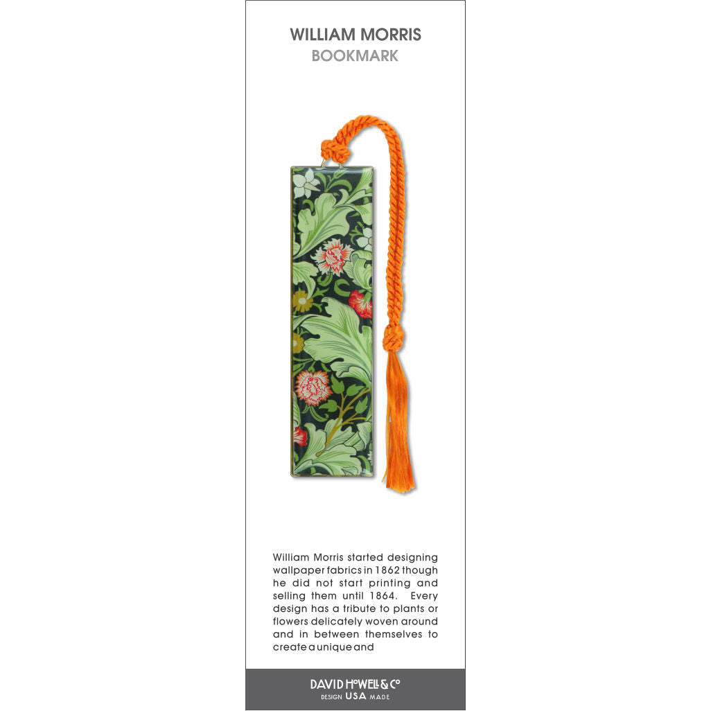 William Morris bookmark with green floral pattern and red accents, featuring an orange braided tassel.