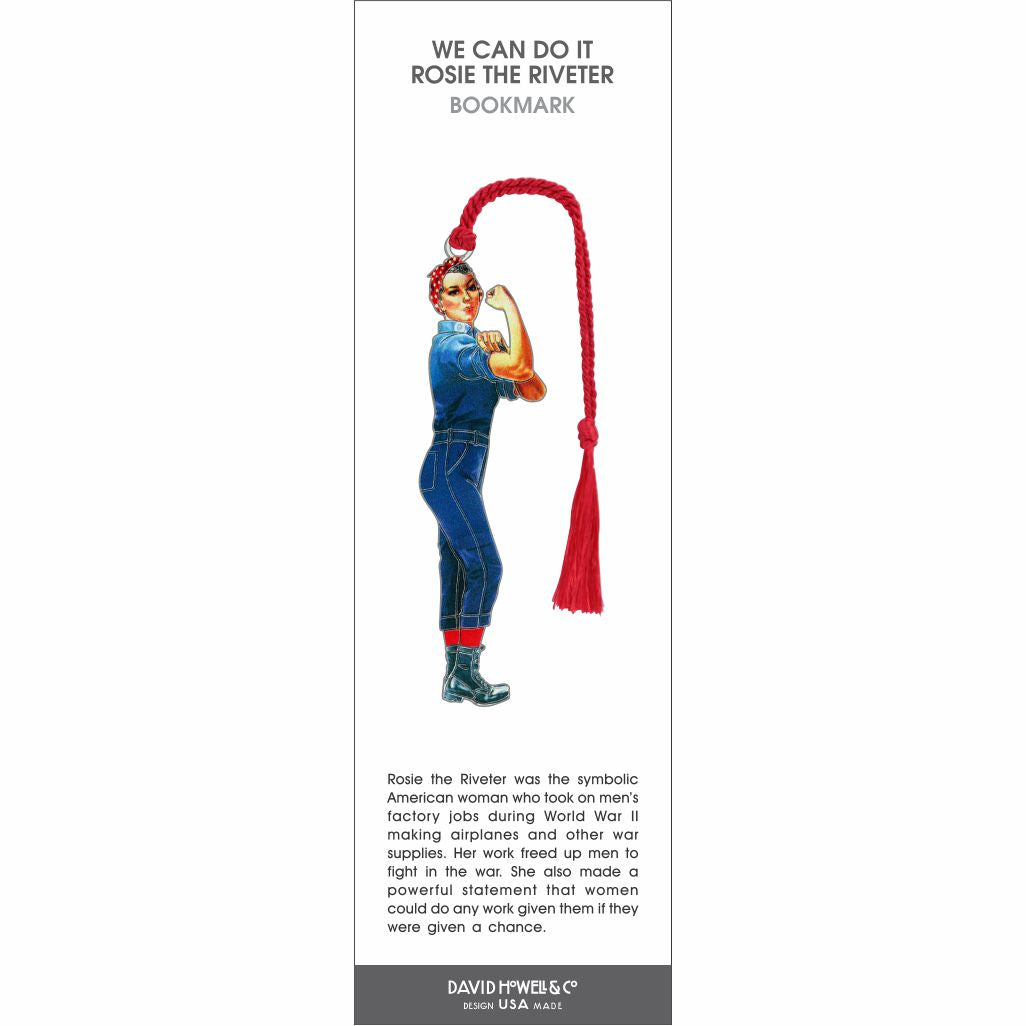 We Can Do It – Rosie the Riveter’ bookmark showing the iconic woman flexing her arm, wearing denim and a red tassel.
