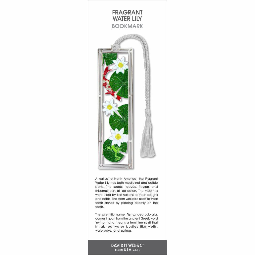Fragrant Water Lily’ bookmark with white lily flowers and green lily pads, a koi fish, and a light gray tassel.