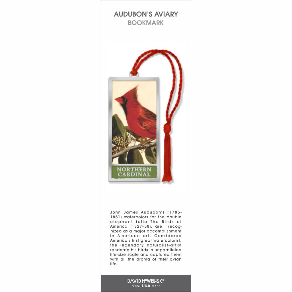 Audubon’s Aviary’ bookmark featuring a red northern cardinal perched on a branch, with a red tassel.