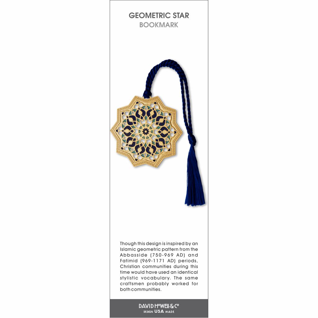 Geometric Star’ bookmark with an intricate gold, green, and blue geometric star pattern and a dark blue tassel.