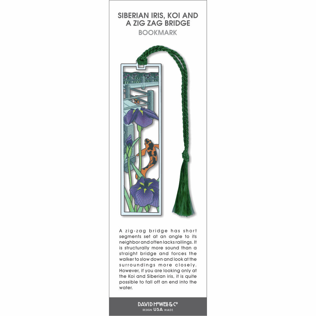 Siberian Iris, Koi and a Zig Zag Bridge’ bookmark with purple iris flowers, an orange-and-black koi fish, a geometric bridge pattern, and a green tassel.
