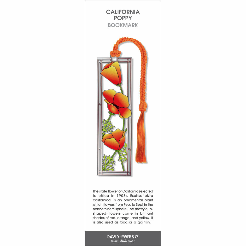 California poppy bookmark with bright orange and yellow flowers on green stems, set in a rectangular frame with an orange tassel.