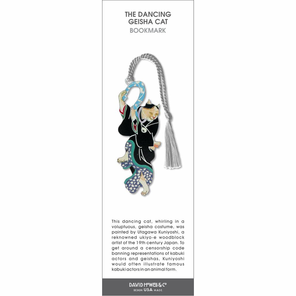 Dancing geisha cat bookmark featuring a cat dressed in a flowing geisha robe mid-dance, with decorative patterns and a silver tassel.