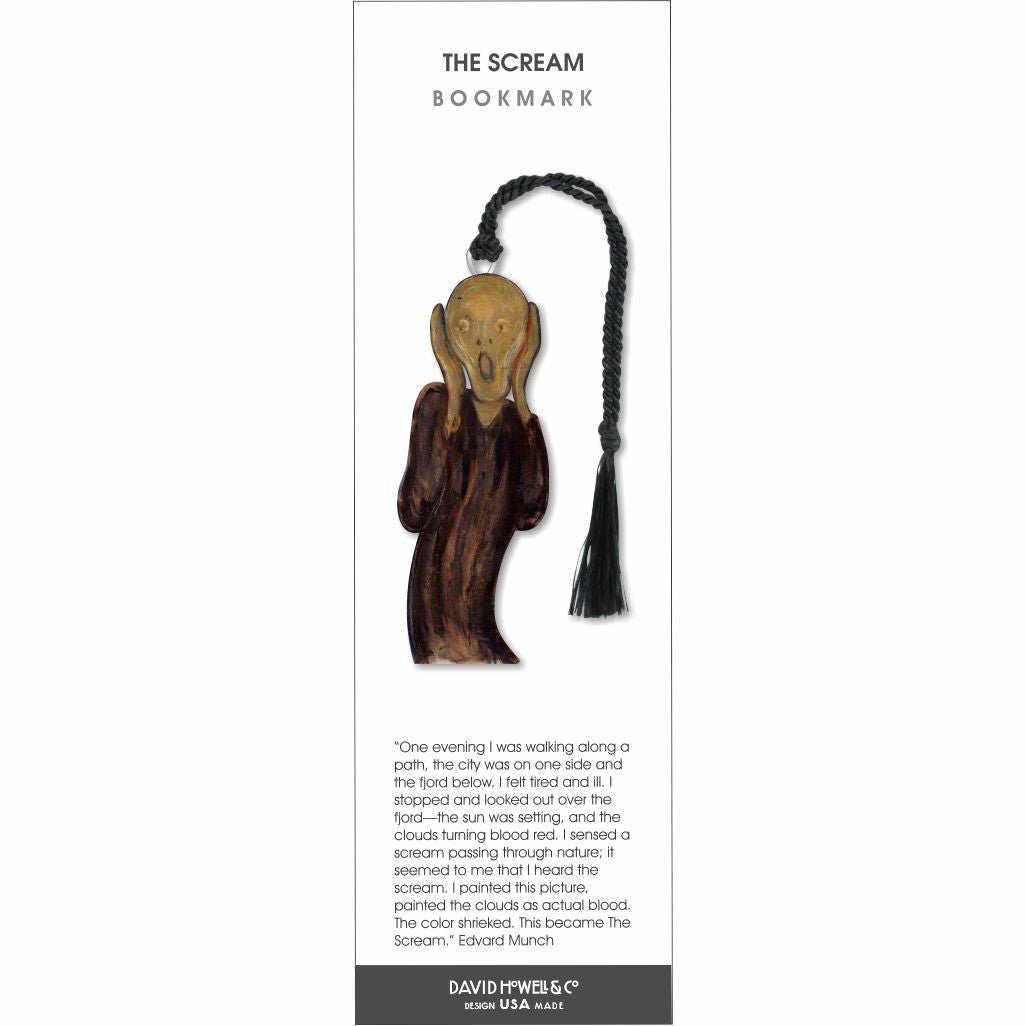 The Scream Bookmark featuring an abstract figure with hands to its face in a distressed expression, inspired by Edvard Munch’s iconic painting, with a black braided tassel.