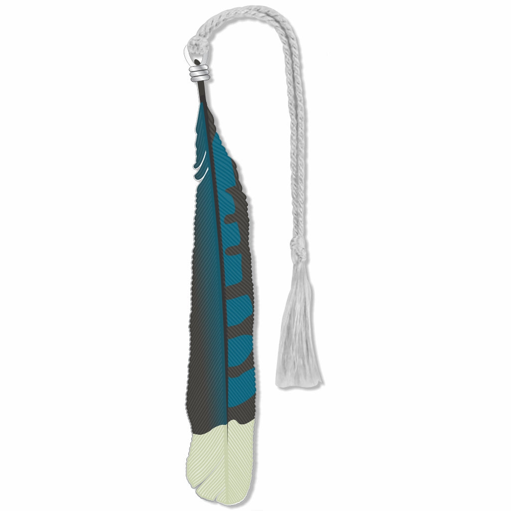Blue Jay Feather Metal Bookmark featuring a detailed illustration of a blue jay feather, symbolizing the bird’s bold and intelligent nature, with vibrant blue and black patterning inspired by the blue jay’s distinctive plumage for a national park, nature, bird lover gift.