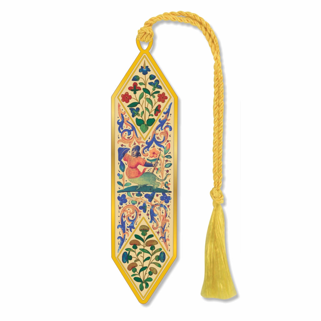 Bourdichon Metal bookmark inspired by gold and floral detail featuring a medieval-style illustration inspired by French court painter Jean Bourdichon, showcasing ornate Renaissance-era detail, rich decorative motifs, and illuminated manuscript artistry with a golden braided tassel for gift, book lovers and collectors.