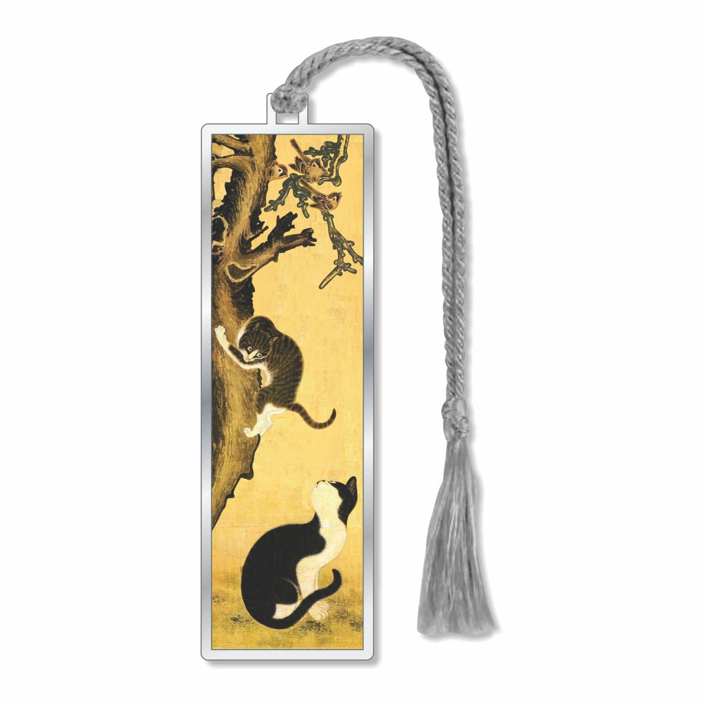 Cats & Sparrows metal bookmark inspired by 18th-century Korean artwork by Byeon Sang-book, featuring graceful cats and sparrows symbolizing joy, longevity, and traditional Korean artistic beauty among branches and leaves with braided gray a tassel for booklovers and gifts.