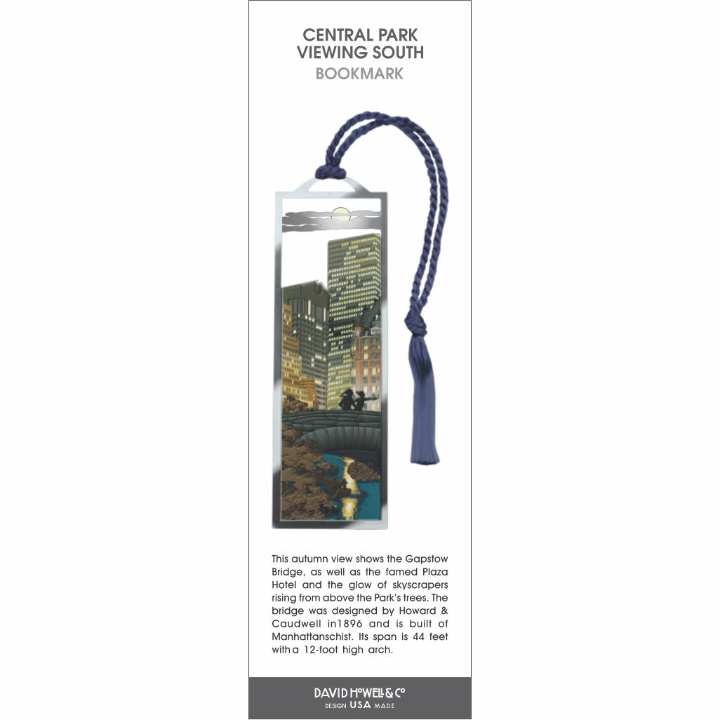 Central Park Viewing South’ metal bookmark featuring Gapstow Bridge, NYC skyline at dusk, and a blue tassel.