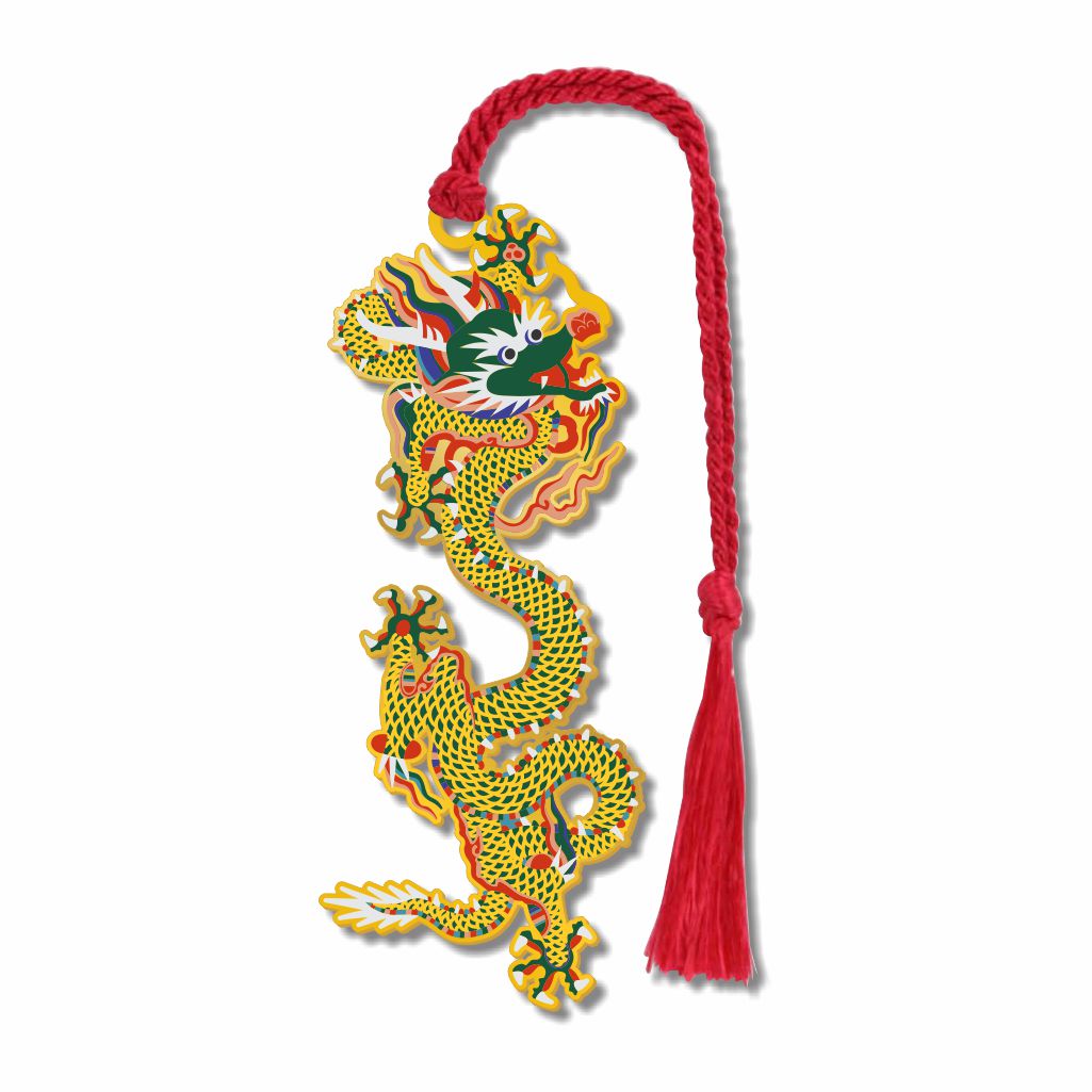 Metal bookmark featuring a detailed yellow and green dragon design, traditional Chinese imperial five-clawed dragon design, symbolizing imperial authority, protection from evil, and prosperity, rendered with intricate detailing inspired by Ming dynasty artistry finished with a red braided tassel for mystical collectors, book lovers and gifts.