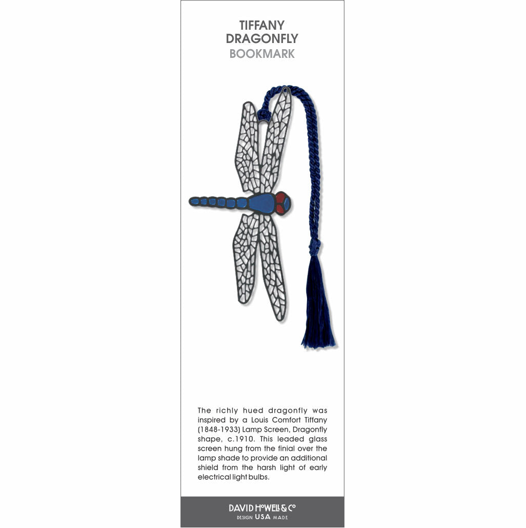 Tiffany Dragonfly Bookmark: silver-tone bookmark with a blue dragonfly design, textured wings, red eyes, and a dark blue tassel.