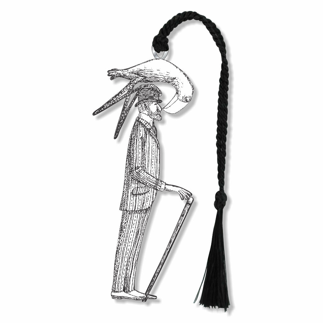 Metal bookmark featuring Edward Gorey’s The Osbick Bird with bird-headed figure holding a cane and black braided tassel artwork in his iconic black-and-white illustration style, highlighting his dark humor, intricate Victorian-inspired detail, and whimsical literary aesthetic for collectors, book lovers and gifts.