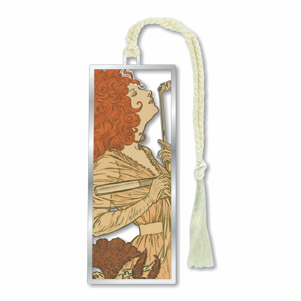 A metal bookmark featuring an Art Nouveau design of a woman with emotion with red hair, in vibrant colors, surrounded by a silver border, with a braided white tassel for a museum-quality, readers, and art gift.