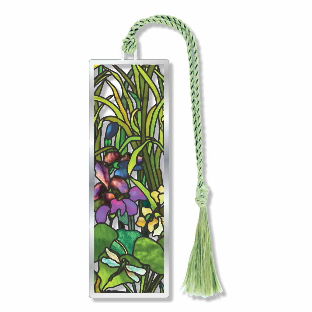 Metal bookmark featuring an elegant stained-glass-inspired design of irises, lilies, cattails, and dragonflies, influenced by the Art Nouveau style of Louis Comfort Tiffany and the rich decorative artistry of the American Gilded Age with green braided tassel for a museum-quality gift for art lovers, museum goers and readers.