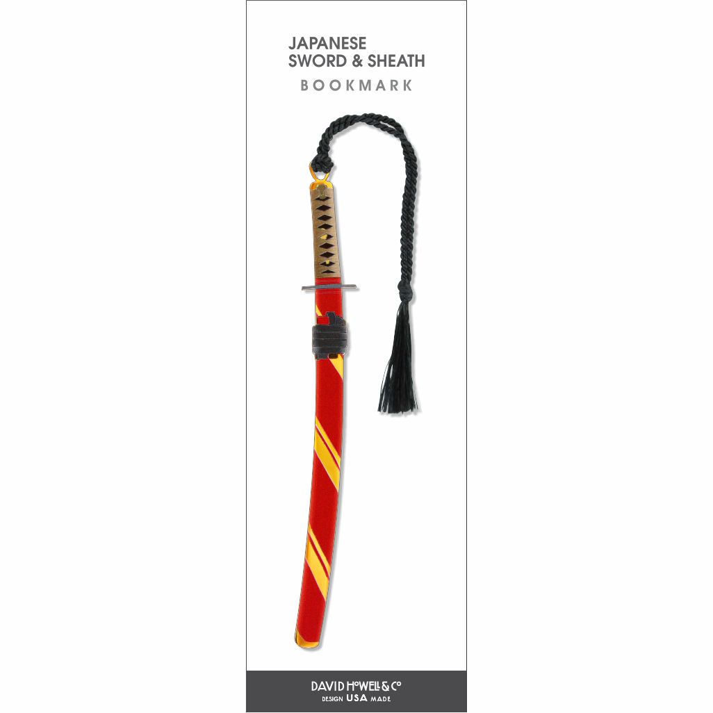 Japanese Sword & Sheath Bookmark featuring a katana-style design with a red scabbard accented by gold stripes, a detailed handle, and a black braided tassel.