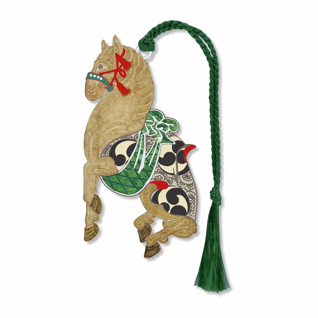 Leaping Horse metal bookmark featuring a horse symbolizing power, freedom, grace, nobility, and strength. Inspired by the Chinese zodiac Year of the Horse, representing energetic, adventurous, and charismatic qualities with green braided tassel for book lovers.