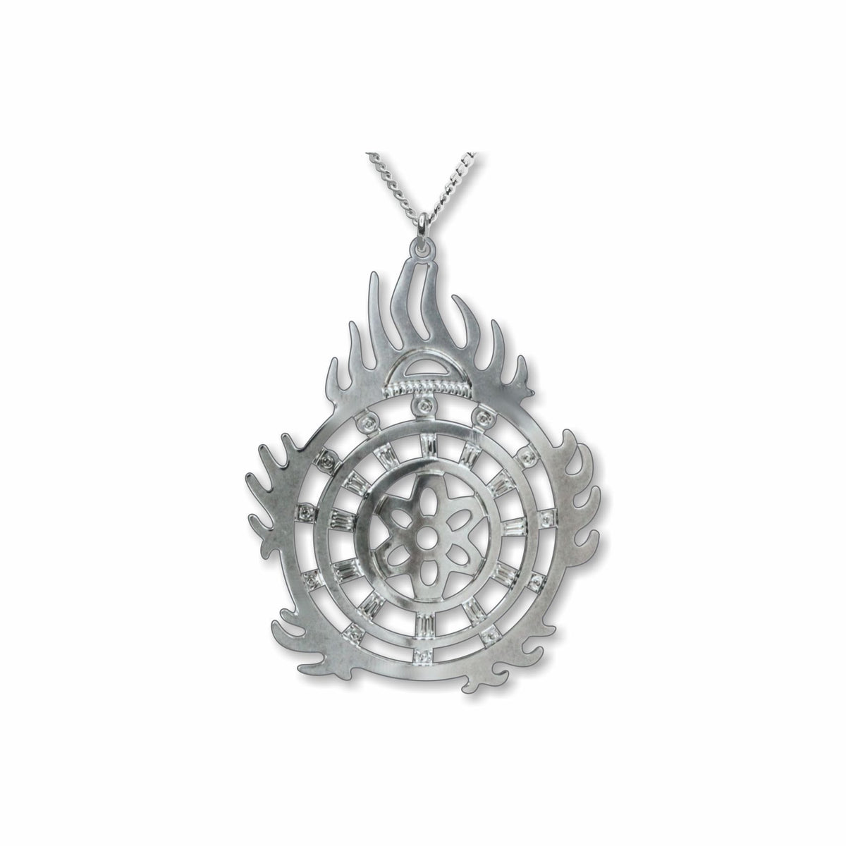 Halo of Flames Necklace featuring a circular silver pendant with flame-like edges, layered geometric cutouts, and crystal accents suspended from a silver chain.