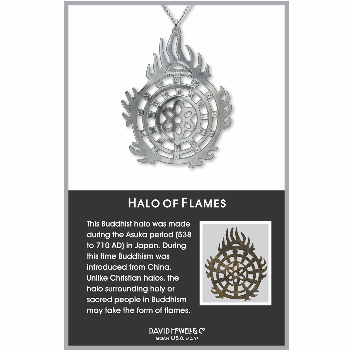 Halo of Flames Necklace featuring a circular silver pendant with flame-like details and geometric cutouts inspired by a Buddhist halo motif.