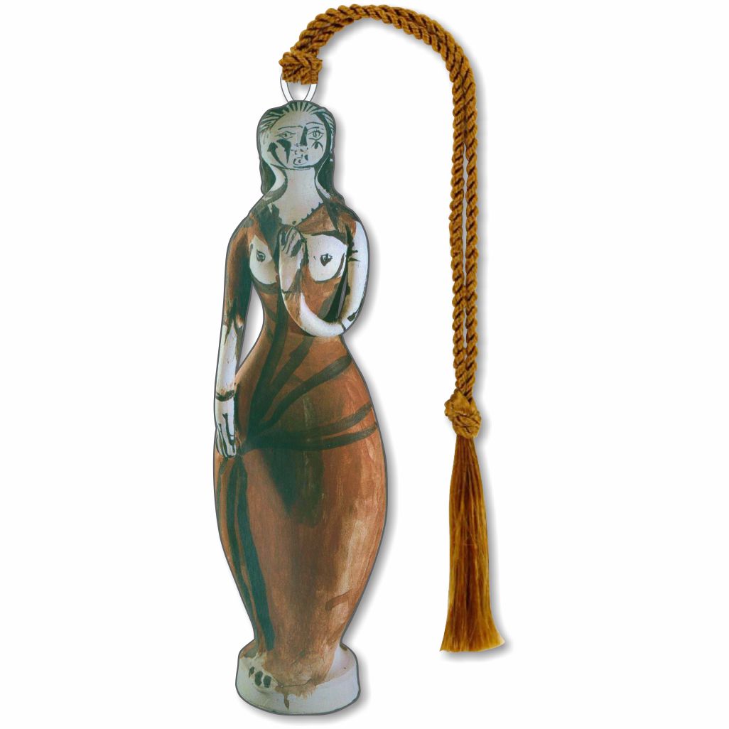 A silver metal Picasso bookmark featuring an artistic depiction of a standing woman, with a brown tassel.