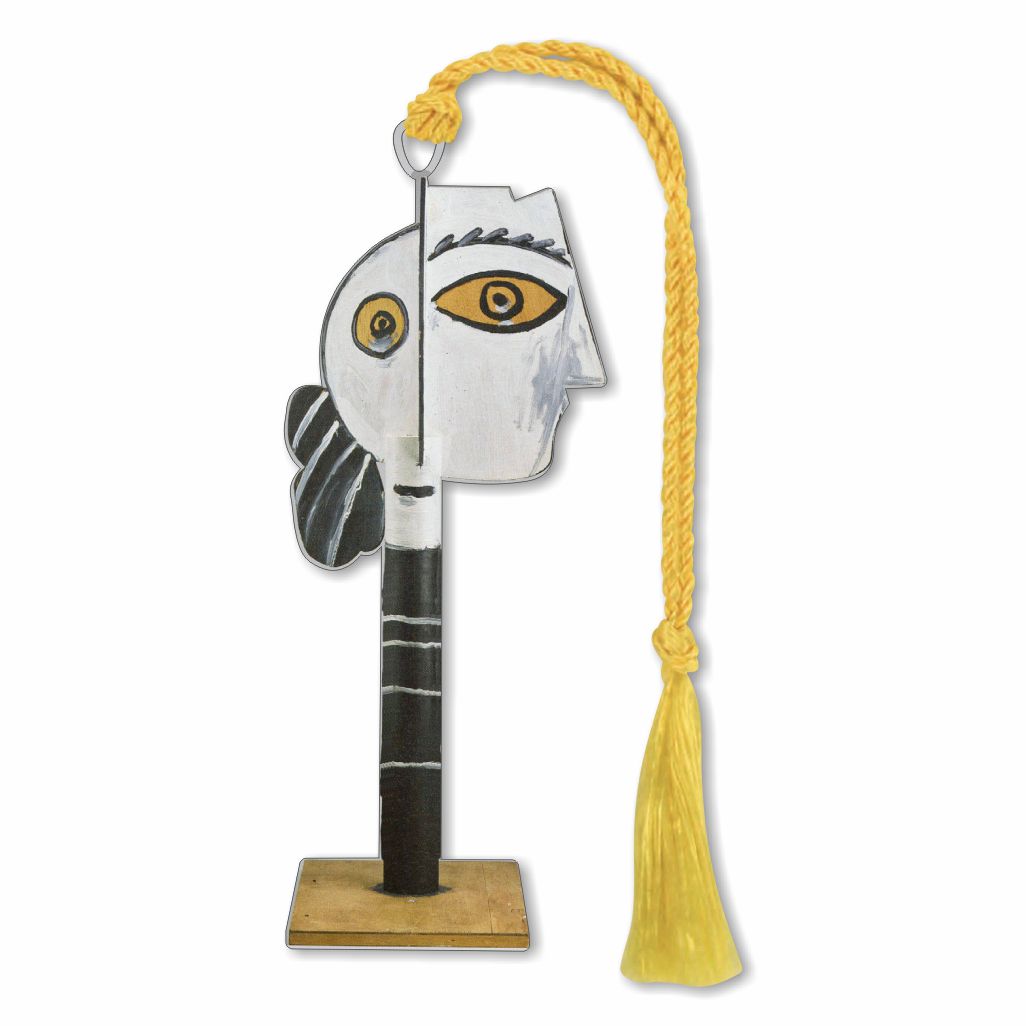 Silver finish metal bookmark featuring an abstract design of a woman's head with a yellow tassel, inspired by Pablo Picasso's artwork.
