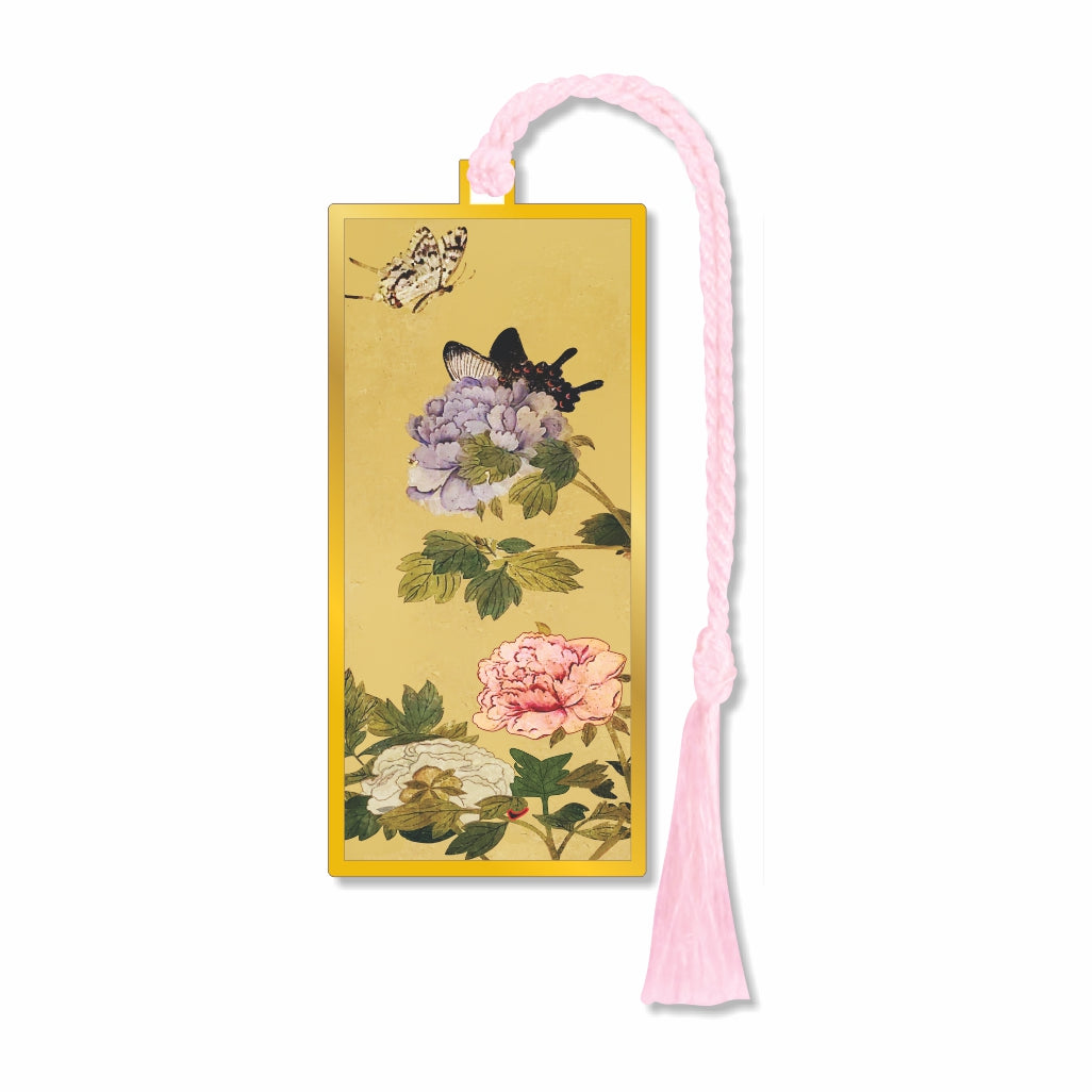 Peonies & Butterflies metal bookmark featuring artwork attributed to Nam Gye-u, showcasing lush peonies and oversized butterflies that balance the rich beauty of flowers with the delicate charm of butterflies with pink tassel for a perfect gift